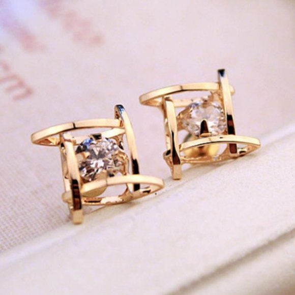 Gold Tone Caged Diamond Stud Earrings - Picture 3 of 5